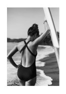Woman With Surfboard By The Ocean | Crie seu próprio pôster